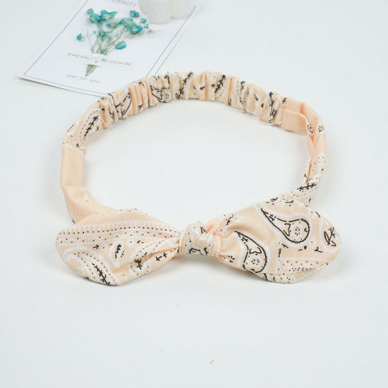 Picture of Beige - 7# Paisley Printed Girls Rabbit Ears Bow Polyester Elastic Headband Head Wrap For Sports 24x5cm, 1 Piece