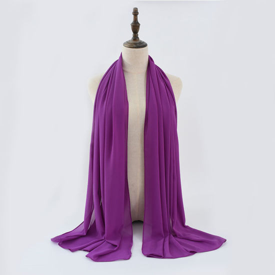 Picture of Dark Purple - 2# Chiffon Women's Lace Hijab Scarf Wrap Solid Color 180x75cm, 1 Piece