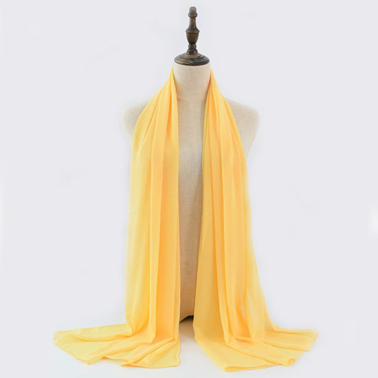 Picture of Yellow - 7# Chiffon Women's Lace Hijab Scarf Wrap Solid Color 180x75cm, 1 Piece