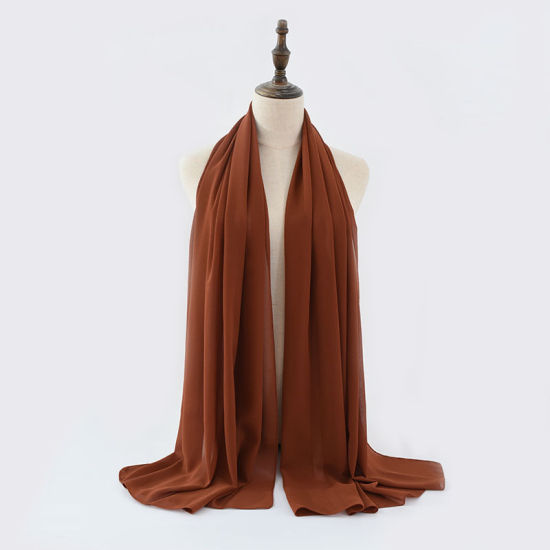 Picture of Brown - 8# Chiffon Women's Lace Hijab Scarf Wrap Solid Color 180x75cm, 1 Piece