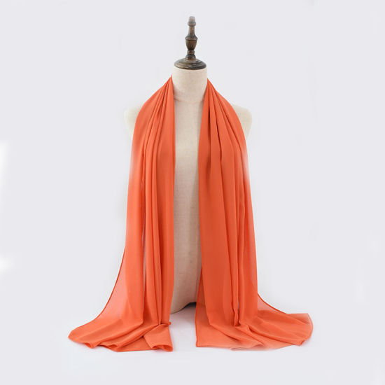 Picture of Orange-red - 10# Chiffon Women's Lace Hijab Scarf Wrap Solid Color 180x75cm, 1 Piece
