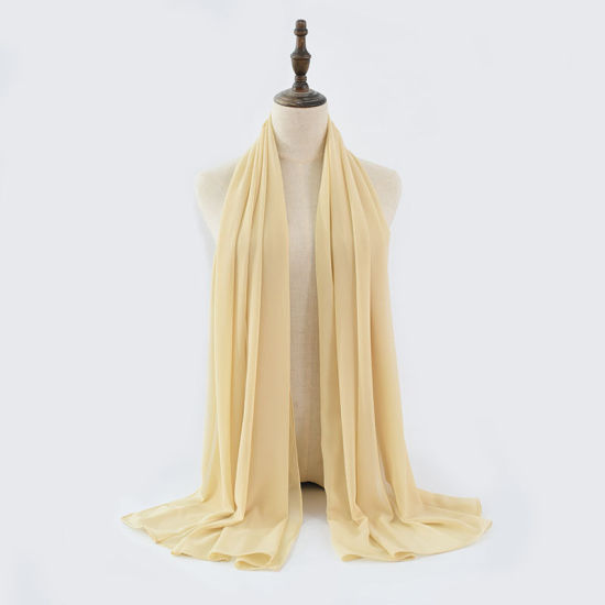 Picture of Beige - 12# Chiffon Women's Lace Hijab Scarf Wrap Solid Color 180x75cm, 1 Piece