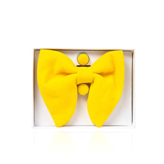 Image de Jaune - Noeud papillon et Boutons de manchette en velours et mouchoir pour accessoires de costume formel 23x23cm - 1.6cm Dia., 1 Set