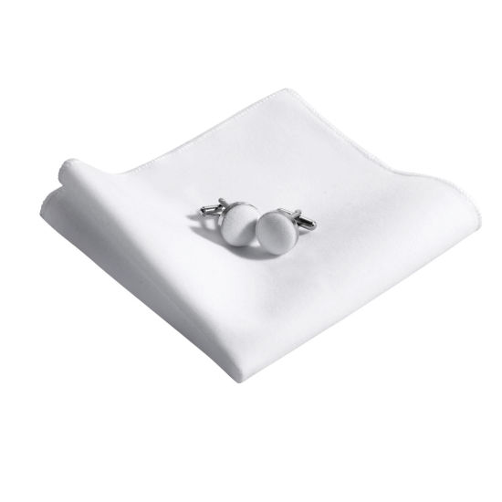 Immagine di White - 8# Velvet Bow Tie & Cufflinks & Handkerchief For Formal Suit Accessories 23x23cm - 1.6cm Dia., 1 Set