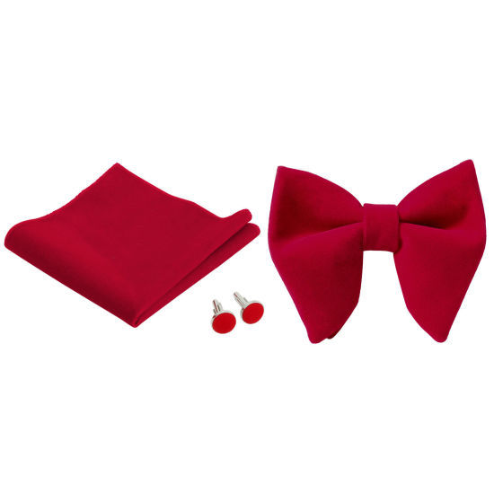 Immagine di Red - 10# Velvet Bow Tie & Cufflinks & Handkerchief For Formal Suit Accessories 23x23cm - 1.6cm Dia., 1 Set