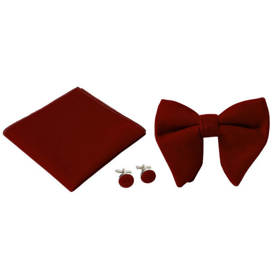 Image de Vin Rouge - Noeud papillon et Boutons de manchette en velours et mouchoir pour accessoires de costume formel 23x23cm - 1,6cm Dia., 1 Set