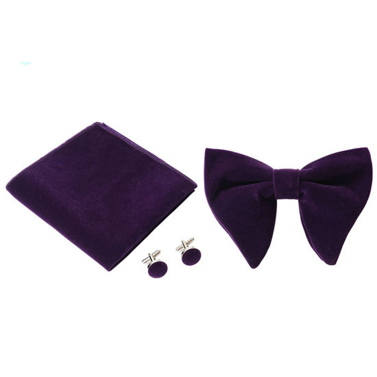 Image de Violet - Noeud papillon et Boutons de manchette en velours et mouchoir pour accessoires de costume formel 23x23cm - 1.6cm Dia., 1 Set
