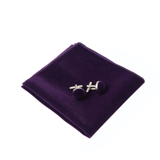 Изображение Purple - 12# Velvet Bow Tie & Cufflinks & Handkerchief For Formal Suit Accessories 23x23cm - 1.6cm Dia., 1 Set