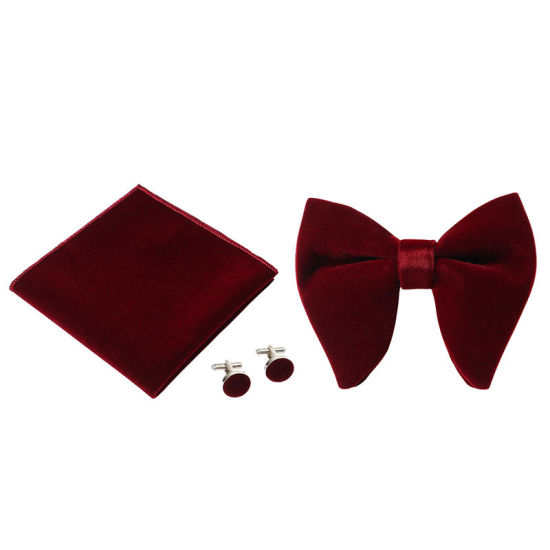 Изображение Coffee - 14# Velvet Bow Tie & Cufflinks & Handkerchief For Formal Suit Accessories 23x23cm - 1.6cm Dia., 1 Set