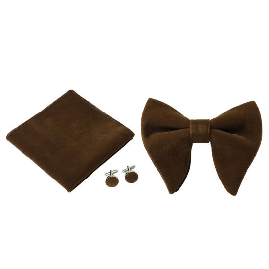 Изображение Light Coffee - 16# Velvet Bow Tie & Cufflinks & Handkerchief For Formal Suit Accessories 23x23cm - 1.6cm Dia., 1 Set