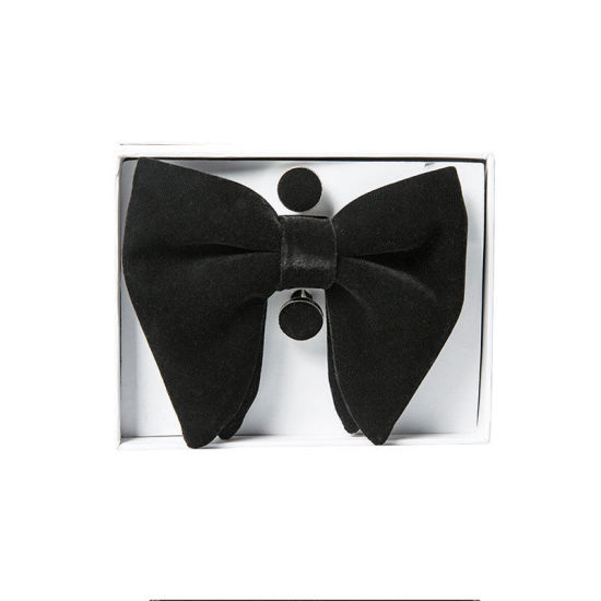 Picture of Black - 18# Velvet Bow Tie & Cufflinks & Handkerchief For Formal Suit Accessories 23x23cm - 1.6cm Dia., 1 Set