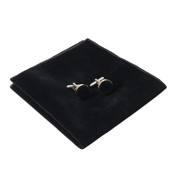 Изображение Black - 18# Velvet Bow Tie & Cufflinks & Handkerchief For Formal Suit Accessories 23x23cm - 1.6cm Dia., 1 Set