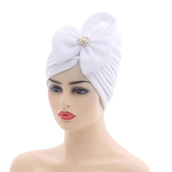 Picture of White - African Women's Turban Hat Headwraps Bowknot Pleated Solid Color M（56-58cm）, 1 Piece