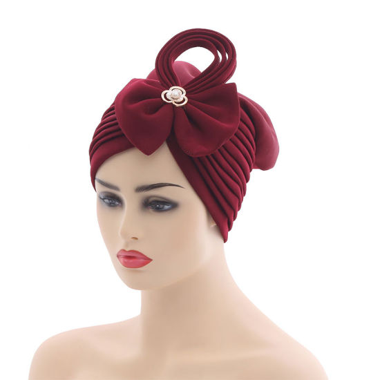 Picture of Wine Red - African Women's Turban Hat Headwraps Bowknot Pleated Solid Color M（56-58cm）, 1 Piece