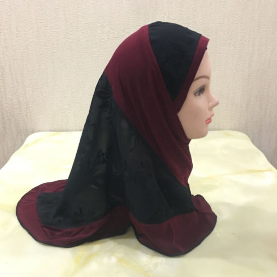 Picture of Wine Red - 6# Flower Printed Splicing Muslim Girl's Turban Hijab, 1 Piece
