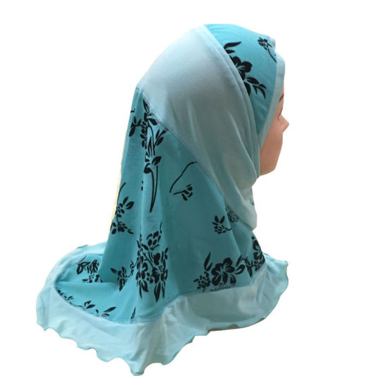 Picture of Light Blue - 10# Flower Printed Splicing Muslim Girl's Turban Hijab, 1 Piece
