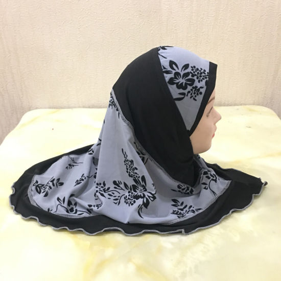 Picture of Gray - 12# Flower Printed Splicing Muslim Girl's Turban Hijab, 1 Piece