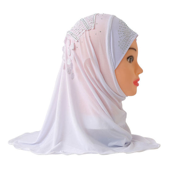 Picture of White - 2# Rayon Lace Muslim Girl's Turban Hijab With Hot Fix Rhinestone For 2-7 Years Old, 1 Piece