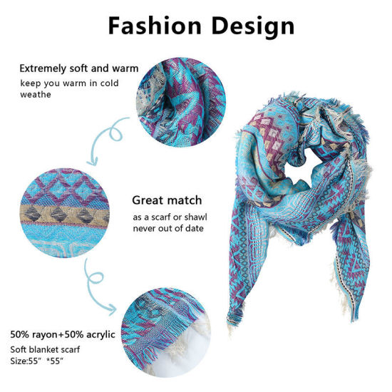 Изображение 1 Piece Viscose Fiber Ethnic Scarves & Wraps Blue 140cm x 140cm