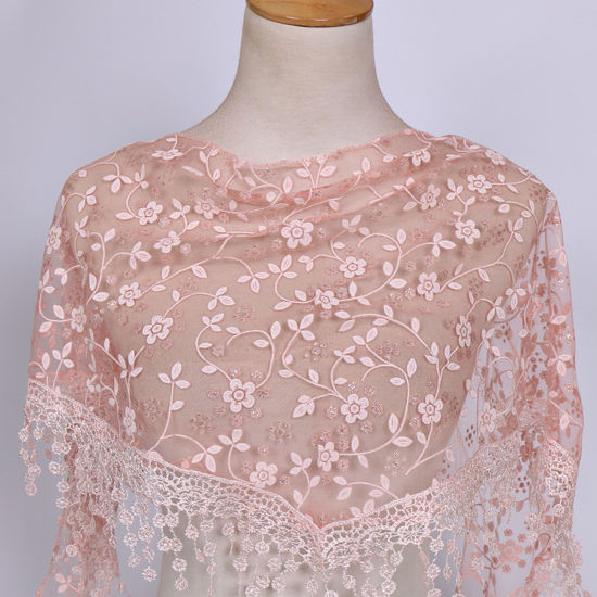Изображение Peachy Beige - 3# Spring Polyester Retro Lace Embroidered Tassel Women's Triangle Scarf Shawl Wrap 150x40cm, 1 Piece