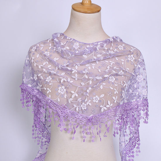 Picture of Mauve - 4# Spring Polyester Retro Lace Embroidered Tassel Women's Triangle Scarf Shawl Wrap 150x40cm, 1 Piece