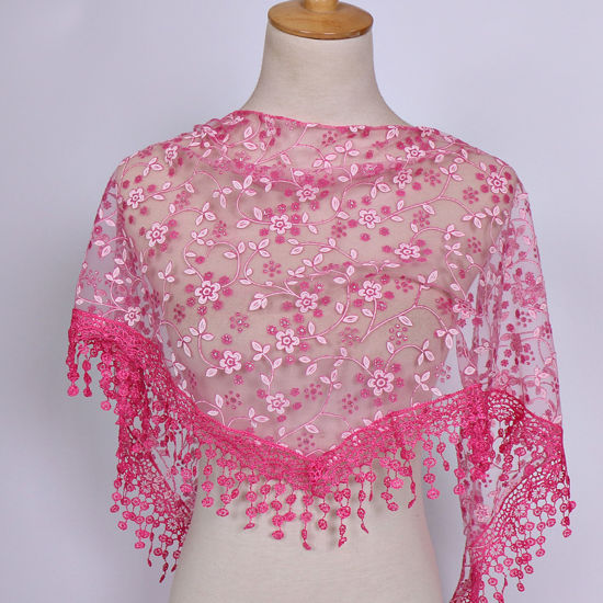 Picture of Fuchsia - 5# Spring Polyester Retro Lace Embroidered Tassel Women's Triangle Scarf Shawl Wrap 150x40cm, 1 Piece