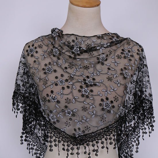 Picture of Black - 8# Spring Polyester Retro Lace Embroidered Tassel Women's Triangle Scarf Shawl Wrap 150x40cm, 1 Piece