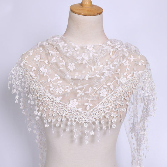 Picture of White - 9# Spring Polyester Retro Lace Embroidered Tassel Women's Triangle Scarf Shawl Wrap 150x40cm, 1 Piece
