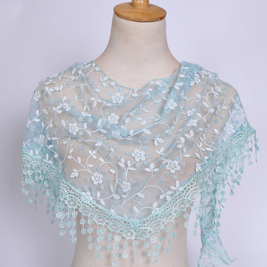 Picture of Light Blue - 11# Spring Polyester Retro Lace Embroidered Tassel Women's Triangle Scarf Shawl Wrap 150x40cm, 1 Piece