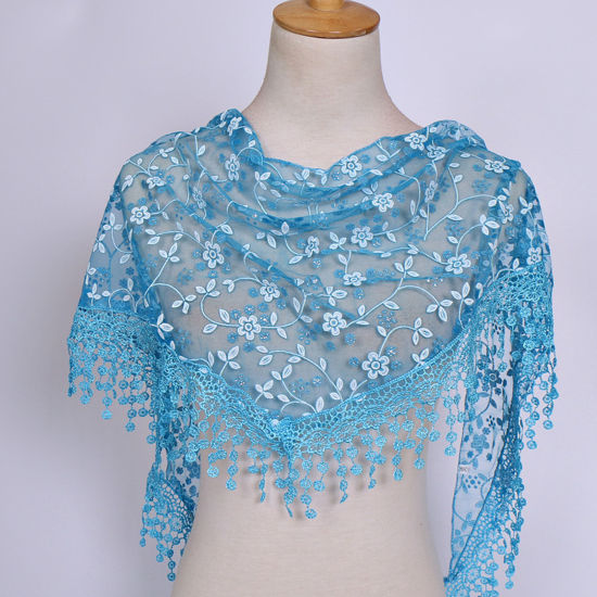 Picture of Skyblue - 12# Spring Polyester Retro Lace Embroidered Tassel Women's Triangle Scarf Shawl Wrap 150x40cm, 1 Piece