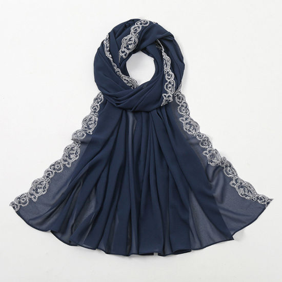 Picture of Chiffon Women's Hijab Scarves & Wraps Rectangle Lace Navy Blue 172cm x 72cm, 1 Piece