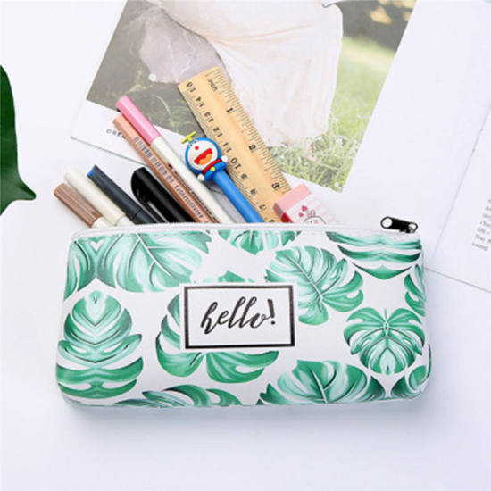 Picture of PU Leather Pencil Case Rectangle Green Leaf Pattern Message " LOVE " 20cm x 10cm, 1 Piece