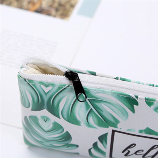 Picture of PU Leather Pencil Case Rectangle Green Leaf Pattern Message " LOVE " 20cm x 10cm, 1 Piece
