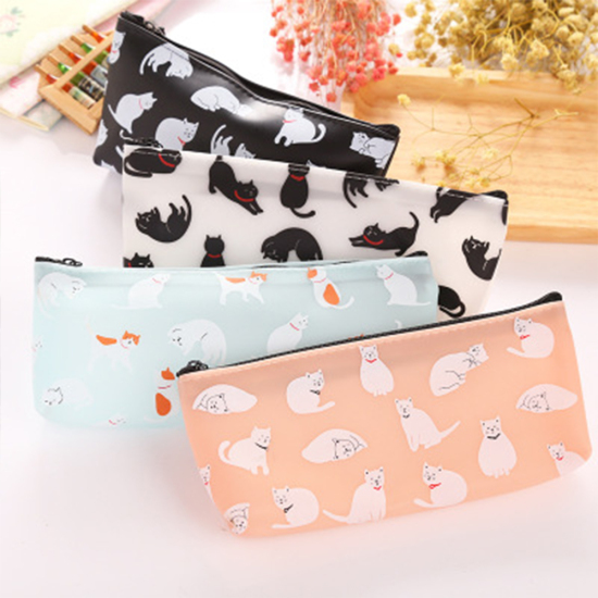 Picture of Jelly Glue Pencil Case Rectangle White Cat Pattern Frosted 19cm x 9cm, 1 Piece
