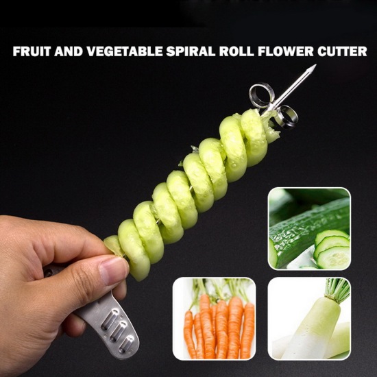 Изображение Silver Tone - Spiral Knife Stainless Steel Spiral Screw Slicer Cutter for Vegetable Fruits Kitchen Gadget,1 Set