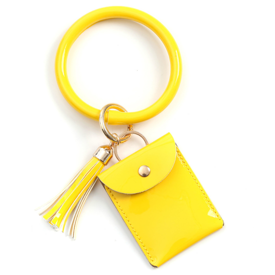 Picture of Yellow - PU Bracelet Key Ring Bangle Keyring Tassel Ring Circle Key Ring Keychain Wristlet Coin Purse