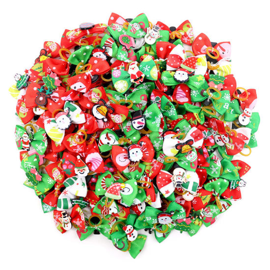 Image de Tissu pour animaux de compagnie Fournitures pour cheveux de Noël Bande de cravates rouges et vertes au hasard 10 pièces