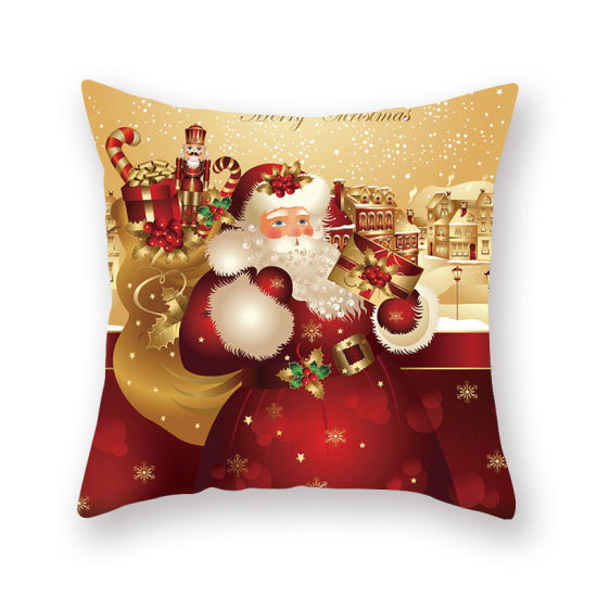 Picture of Peach Skin Fabric Pillow Cases Golden Square Christmas Santa Claus 45cm x 45cm, 1 Piece