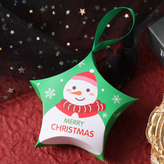Изображение Paper Candy Box Green Star Christmas Snowman 12cm x 12cm, 1 Piece