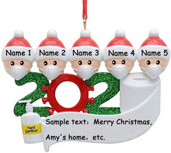 Picture of PVC Christmas Hanging Decoration White Family of 2 Wear Mask Can Write Name Message " 2020 " Glitter 9cm x 7cm, 1 Piece