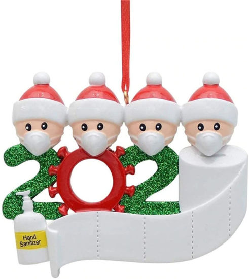 Picture of PVC Christmas Hanging Decoration White Family of 4 Wear Mask Can Write Name Message " 2020 " Glitter 9cm x 7cm, 1 Piece