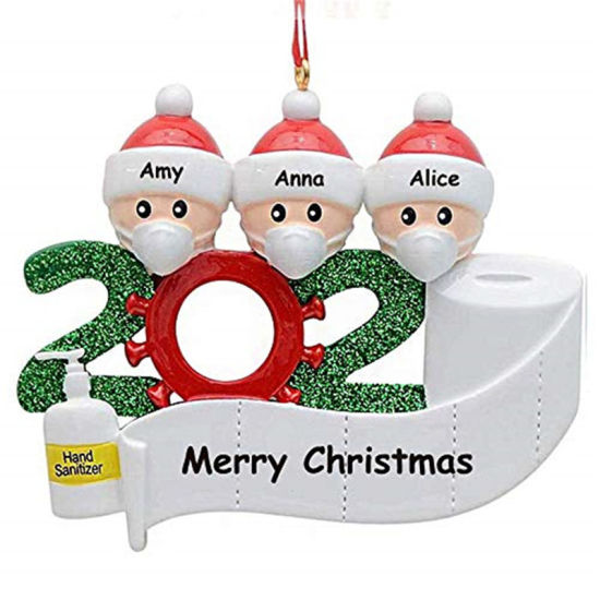 Picture of PVC Christmas Hanging Decoration White Family of 3 Wear Mask Can Write Name Message " 2020 " Glitter 9cm x 7cm, 1 Piece