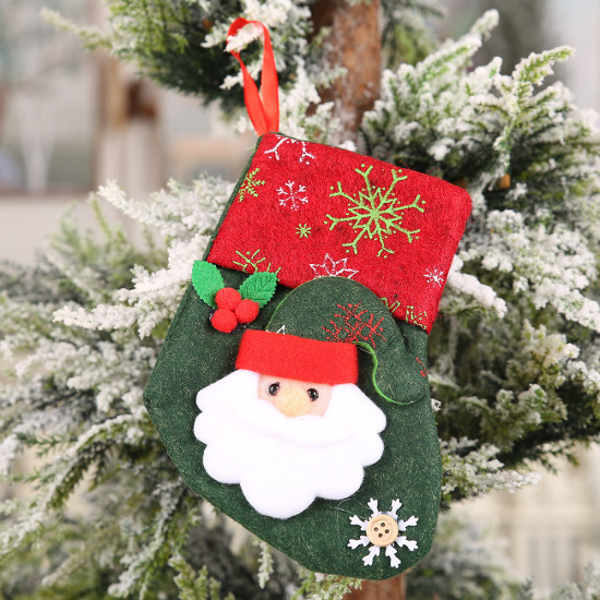 Picture of Nonwovens Hanging Decoration Green Christmas Stocking Santa Claus 19cm x 15cm, 1 Piece