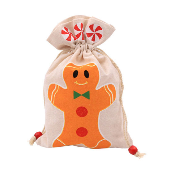 Picture of Drawstring Bags Christmas Ginger Bread Man Creamy-White Rectangle 23cm x 15cm, 1 Piece