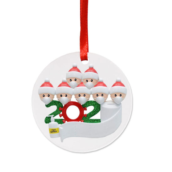 Picture of PET Christmas Hanging Decoration White Family of 7 Wear Mask Can Write Name Message " 2020 " 10cm Dia., 1 Piece