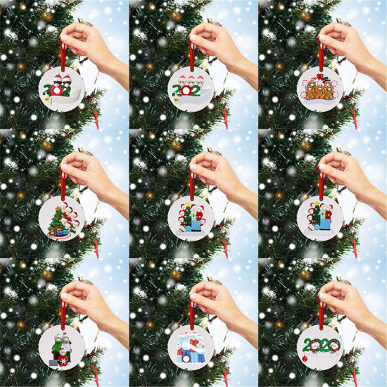 Picture of PET Christmas Hanging Decoration White Family of 7 Wear Mask Can Write Name Message " 2020 " 10cm Dia., 1 Piece