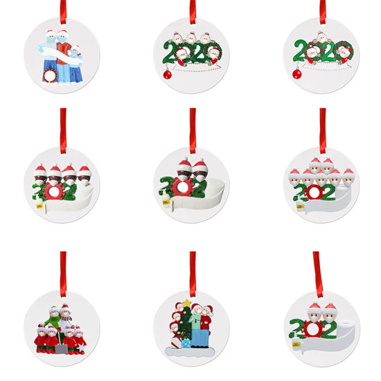 Picture of PET Christmas Hanging Decoration Blue Family of 4 Wear Mask Can Write Name 10cm Dia., 1 Piece