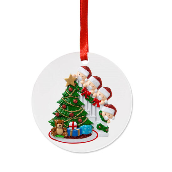 Picture of PET Christmas Hanging Decoration Multicolor Family of 4 Wear Mask Can Write Name Christmas Tree 10cm Dia., 1 Piece