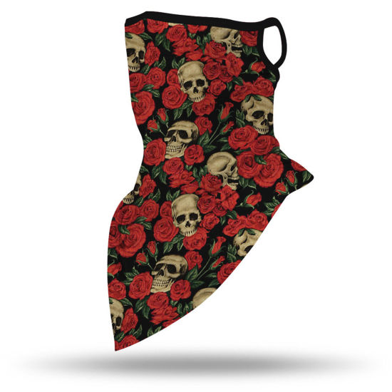 Picture of Polyester Halloween Windproof Dustproof Face Mask For Outdoor Cycling Red Rose Flower Skull 45cm x 23.5cm, 1 Piece