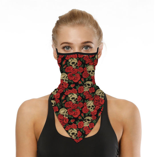 Image de Masque Facial Anti-poussière Coupe-Vent pour Monter à Bicyclette en Plein Air Halloween en Polyester Rouge Rose Crânes 45cm x 23.5cm, 1 Pièce